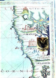 Map of the Pacific coast along the present nations of Ecuador and Peru, with villages of Quito, C…