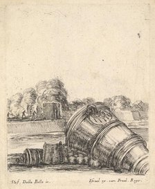 A mortar without a carriage lying on the ground to the right, soldiers firing canno..., ca. 1638-43. Creator: Stefano della Bella.