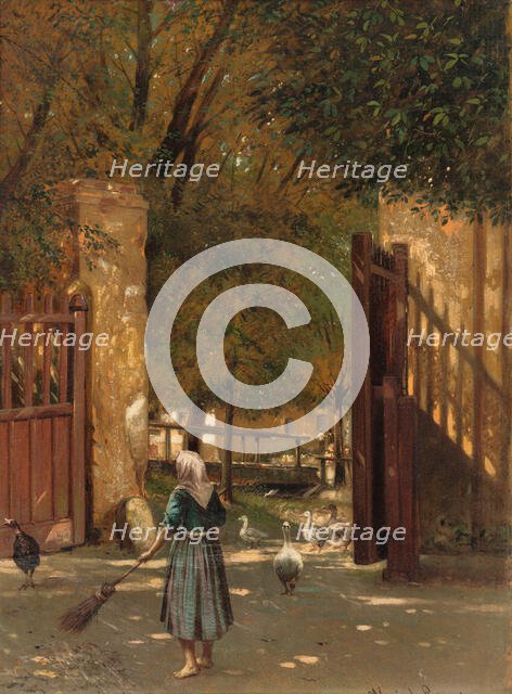 Sweeping the courtyard, 1902. Creator: Eduard Majsch.