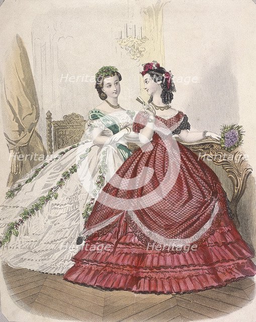 Two women wearing the latest indoor fashions, c1850. Artist: Anon