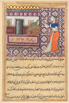 Page from Tales of a Parrot (Tuti-nama): Fiftieth night: The parrot addresses Khujasta..., c. 1560. Creator: Unknown.