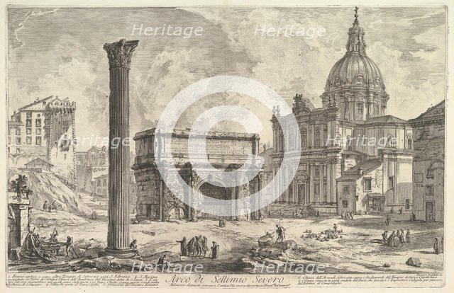 The Arch of Septimius Severus, with the Church of S. Martina on the right (Arco di Set..., ca. 1759. Creator: Giovanni Battista Piranesi.
