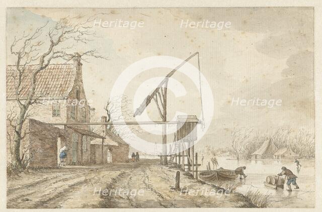 Winter landscape with houses and lifting gear along frozen canal, 1771. Creator: Jacob Cats.