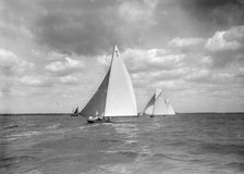 The 8 Metre class 'Verbena'. 'Termagent' and 'Windflower' race downwind, 1911. Creator: Kirk & Sons of Cowes.
