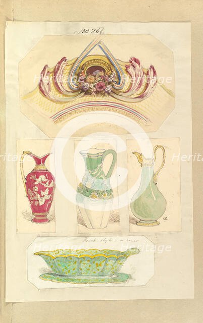 Designs for an Pierced Border Ornament, Three Pitchers and an Open Basin (recto)..., 1845-55. Creator: Alfred Crowquill.
