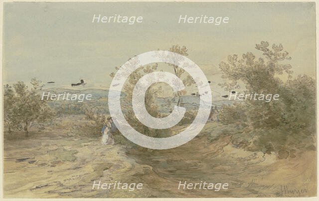 Strollers on a road through a shrub-covered plain, c1850-1905. Creator: Anton Burger.