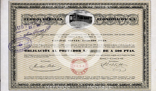 Bond of Ferrocarriles Económicos S.A., to the 6%, Barcelona October 1, 1926 (railway from Tortosa…