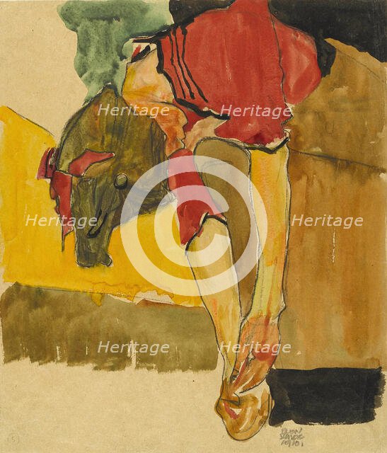 Girl Putting on Shoe , 1910. Creator: Schiele, Egon (1890-1918).