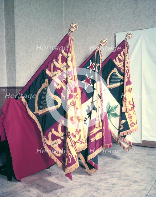 Royal, New Zealand and Canadian standards carried at the coronation of Queen Elizabeth II, 1953. Creator: Arthur Charles Kirby Ware.