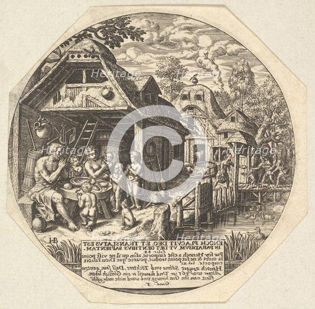 Enoch and his family surrounding a meal table and holding their hands in a gestur..., ca. 1580-1623. Creator: Johann Theodor de Bry.