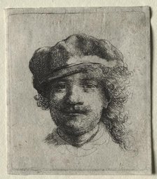 Self-Portrait Wearing a Soft Cap: Full Face, Head Only, c. 1634. Creator: Rembrandt van Rijn (Dutch, 1606-1669).