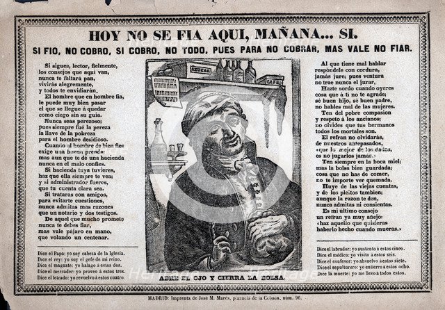 Popular engraving with the slogan 'Hoy no se fía aquí, mañana… Sí' (We don't lend on credit today…