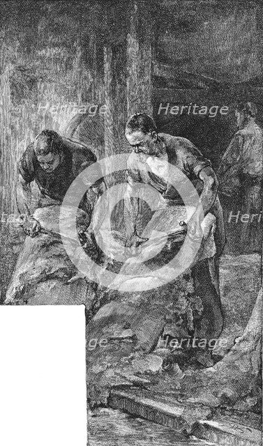 Beaming hides for production of shoe leather, 1885. Artist: Unknown