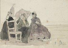 Three Women seated on Chairs on a Beach, late 19th century. Artist: Eugene Louis Boudin.