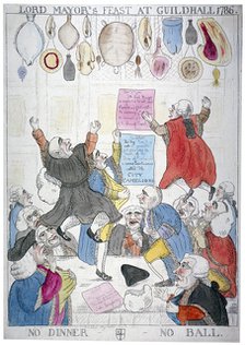 'Lord Mayor's feast at Guildhall, 1786, no dinner - no ball', 1786.      Artist: Anon