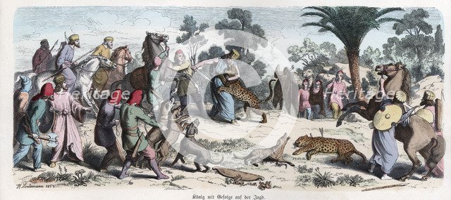 Ancient History. Persia. The Persian king and his entourage on a leopards hunting. German engravi…