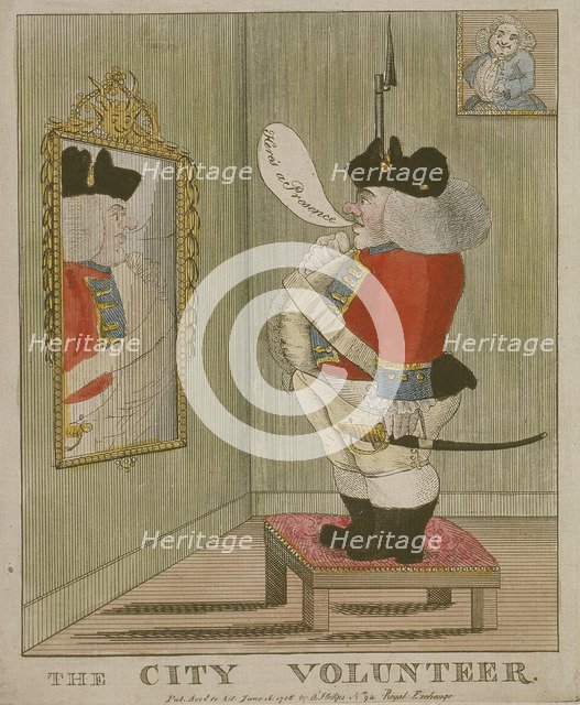 View of a portly City volunteer admiring himself in the mirror, 1785. Artist: Anon