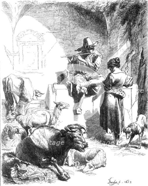 "Shepherd Seated at a Fountain," facsimile of an etching by Berghem, 1870. Creator: Unknown.