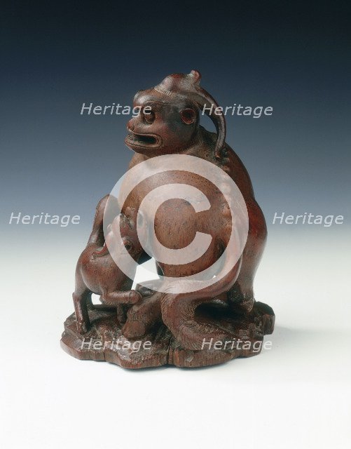 Bamboo carving of a fabulous animal and young, China, 1710-1735. Artist: Unknown