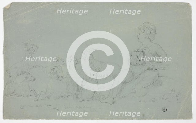 Antique Bas-Relief with Seated Boy Holding Falcon and Accompanied by Dog, Sheep, and Goats, 1774. Creator: John Downman.