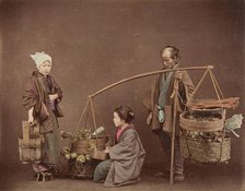 Two Japanese Women and One Japanese Man Posing with Water Bucket and Baskets], 1870s. Creator: Unknown.