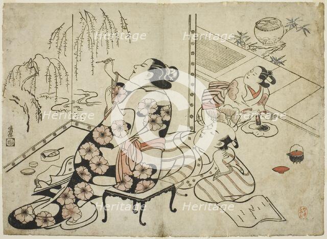 Courtesan Painting a Screen, from a series of 12 erotic prints, c. 1711. Creator: Torii Kiyonobu I.