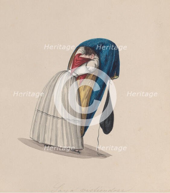 A woman getting into her saya viewed from behind, from a group of drawings depicting..., ca. 1848. Creator: Attributed to Francisco (Pancho) Fierro.