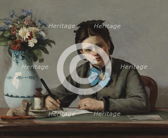 A Girl Writing, 1872. Creator: Adolf von Becker.