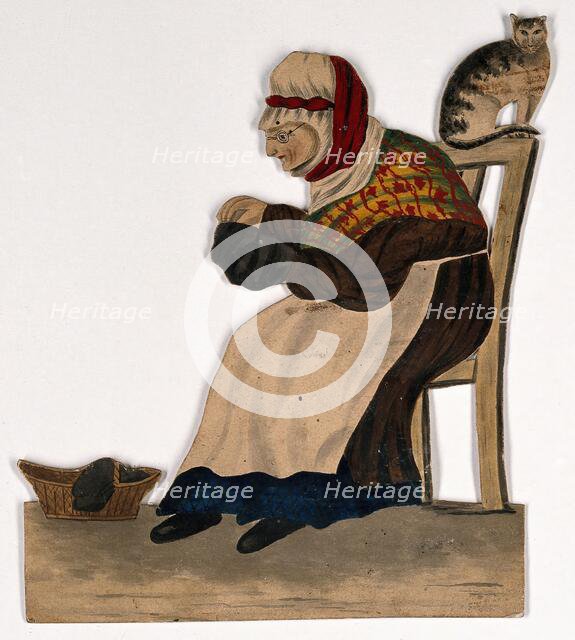 An old woman seated, sewing, with a cat on the back of her chair, 19th century. Creator: Stephen Jenner.