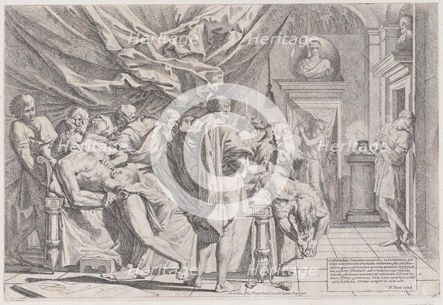 The suicide of the philosopher Cato, who lies on his bed pulling out his innards watched b..., 1648. Creator: Pietro Testa.