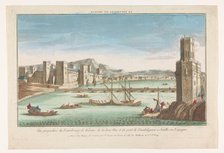 View of the Triana district, a bridge over the river Guadalquivir and the Torre del Oro...1735-1805. Creator: Unknown.
