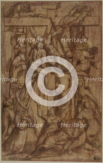 Deposition, with Saint Francis of Assisi and Another Male Saint (Stephen?), c. 1576. Creator: Simone De Magistris.