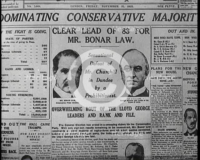 Front Page of a British Newspaper With the Headline Reading 'Dominating Conservative Majority', 1922 Creator: British Pathe Ltd.