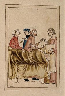 A sick man lies in bed while a physician takes his pulse and others consult. Creator: Unknown.