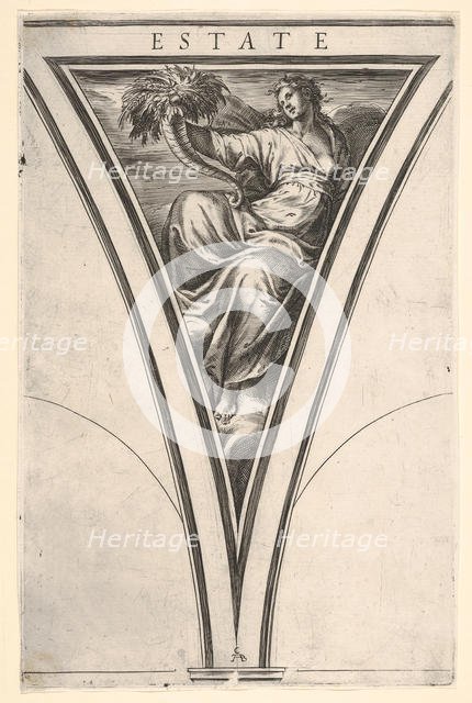 Summer (Estate), represented as a robed woman bearing a horn of plenty, a spandre..., ca. 1570-1615. Creator: Cherubino Alberti.