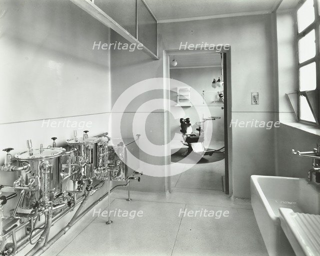 Sterilizing and dental theatre, Saint Ebba's Hospital, Surrey, 1938. Artist: Unknown.