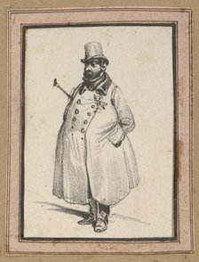 Man wearing a coat and a hat with a cane under his arm, mid-19th century. Creator: Victor Adam.