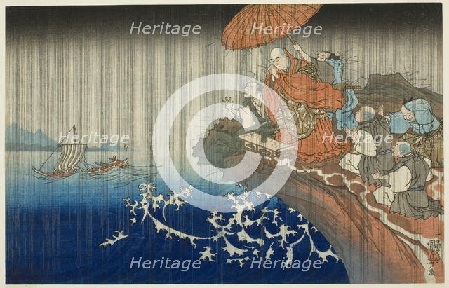 Praying for Rain at Ryozengasaki in Kamakura, 1271 (Bun'ei hachi Kamakura Ryozengasa..., c. 1830/35. Creator: Utagawa Kuniyoshi.