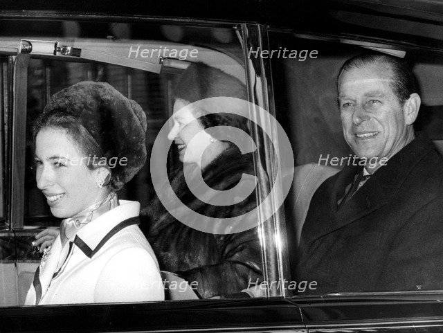 The Queen, Prince Philip and Princess Anne leaving Buckingham Palace, 1972. Artist: Unknown