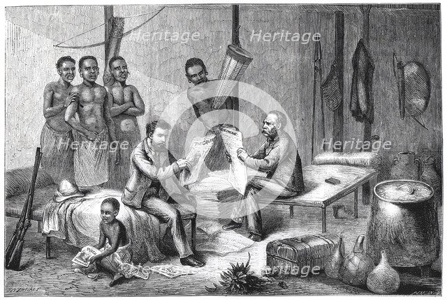 Livingstone and Stanley receiving newspapers in Central Africa, 1871-1873. Artist: Pearson