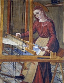 The Nazareth workshop', detail of the Virgin in the loom. Painting on fabric, 1580-1582, by.