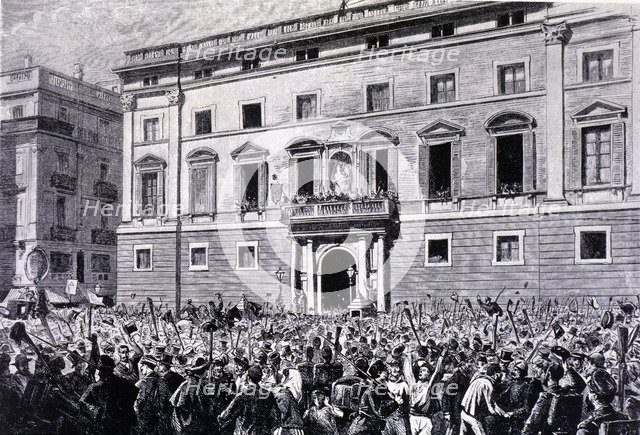 Proclamation of the Republic in 1873, Sant Jaume Square in Barcelona on February 21, 1873, engrav…