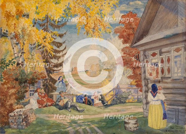 Stage design for the theatre play Peasant Women by Alexander Neverov, 1920. Artist: Kustodiev, Boris Michaylovich (1878-1927)