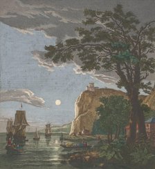 View off the coast with ships and boats on the water in moonlight, 1753-1797. Creators: Pierre François Basan   , Pierre Fouquet, Pierre Jacques Duret.