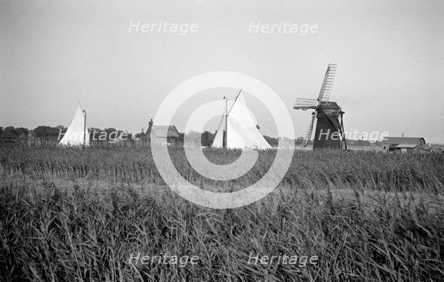 Two yachts under sail seen over the reed beds near East Tunstall Mill, Norfolk, 1934.  Artist: HES Simmons