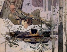 An Ostyak resting in the forest near a fire, Selkups, 1920. Creator: A. G. Vargin.