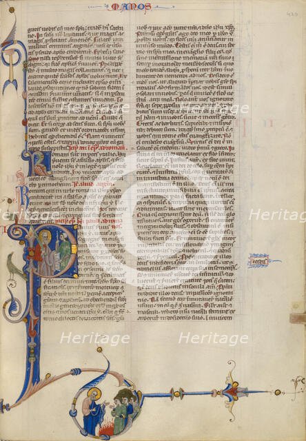 Initial P: Paul Handing a Scroll to a Man; Abbey Bible, about 1250-1262. Creator: Unknown.