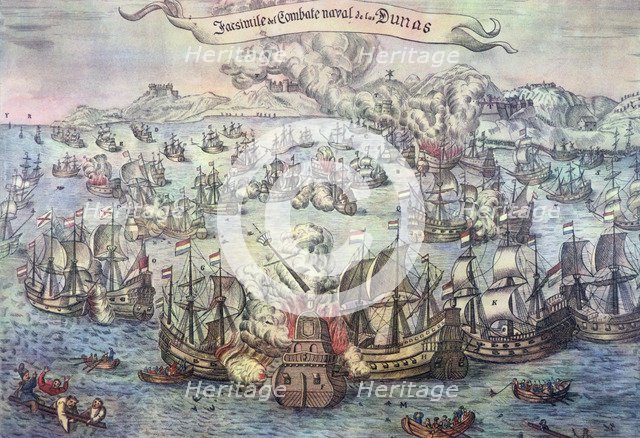 Naval Battle of the Dunes, the ships of Admiral Oquendo against the ones of the Dutch Admiral Har…