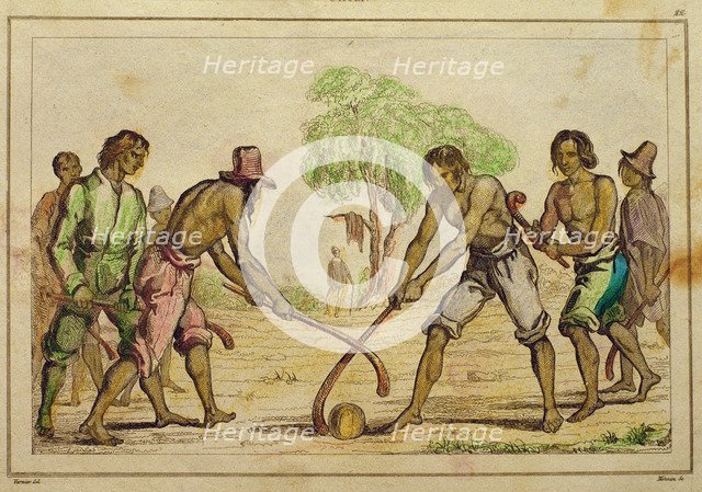 Game of Cineca, folk customs of the natives, 19th century, French engraving.