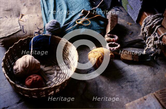 Wool yarns, Tibetan refugee carpet weaving project, Dharamsala, India, 1988. Creator: Amanda Waite.